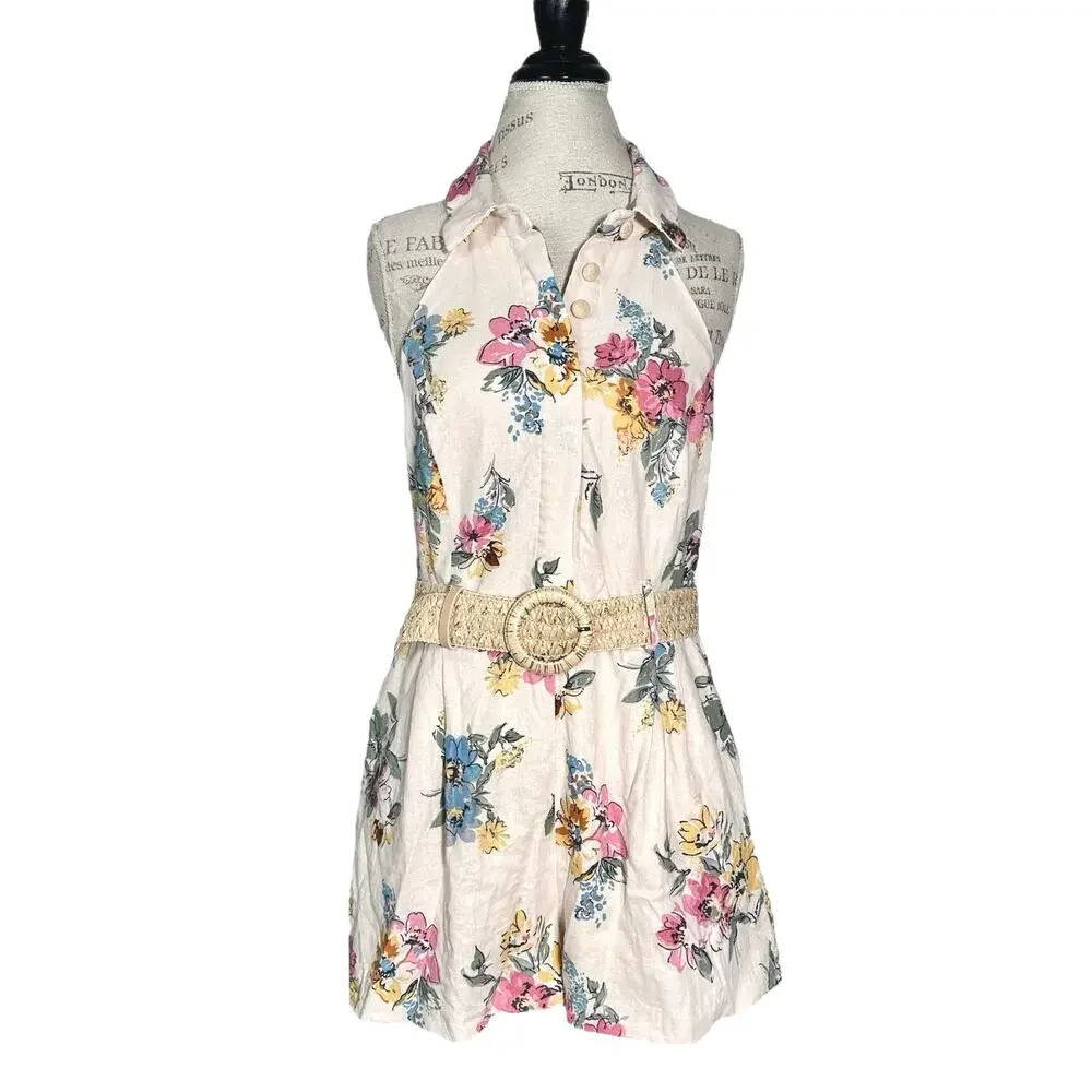 House of Harlow 1960 | Women | Floral Linen Blend Halter Belted Romper | Sz 12
